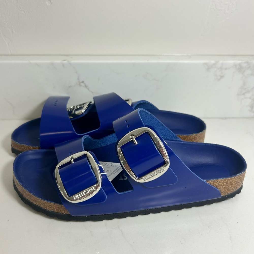 Birkenstock Arizona Big Buckle High Shine Blue Cobalt Leather Patent Narrow Sz 9